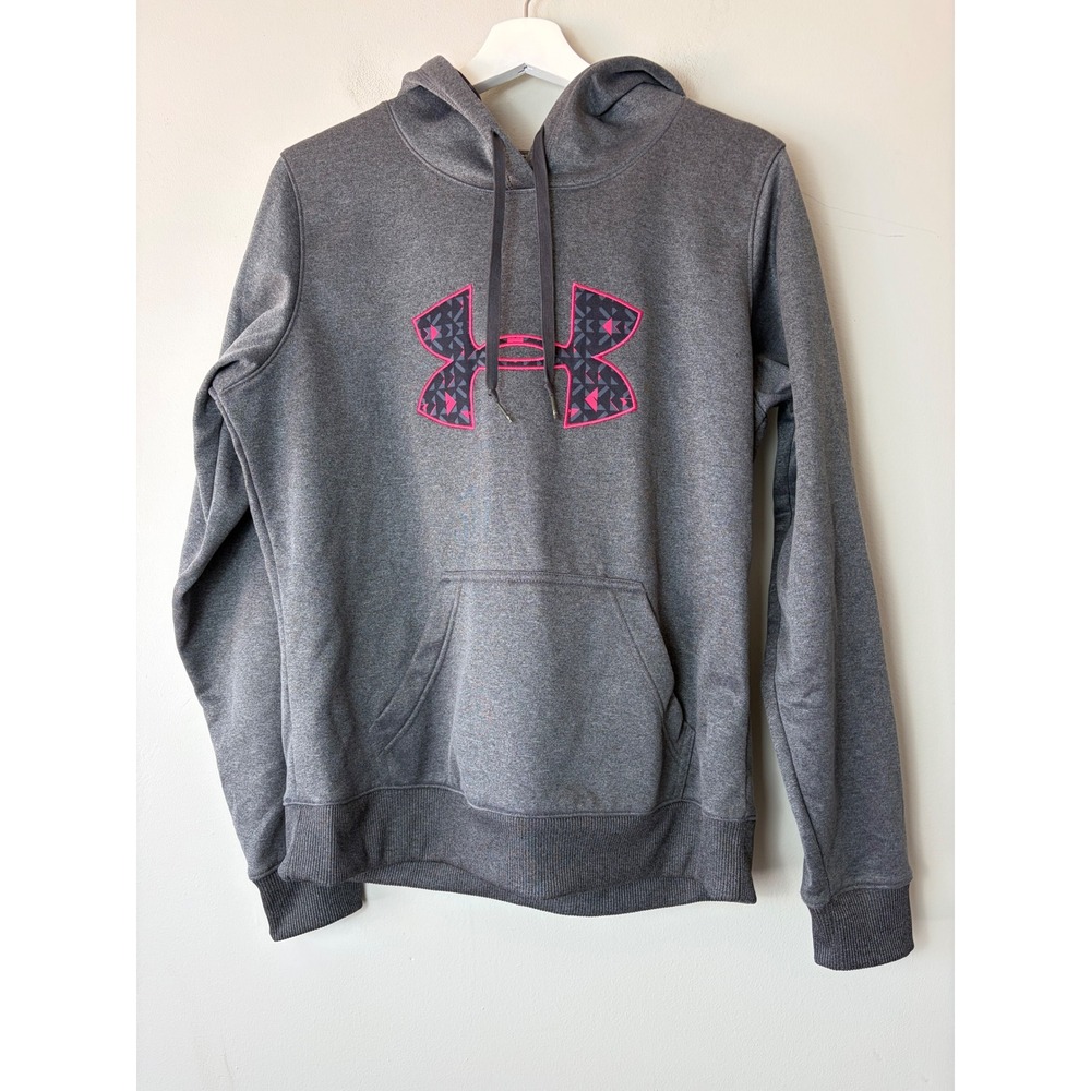 Under Armour Women's Semi-Fitted Hoodie Gray Pink Geometric Logo Pullover Medium
